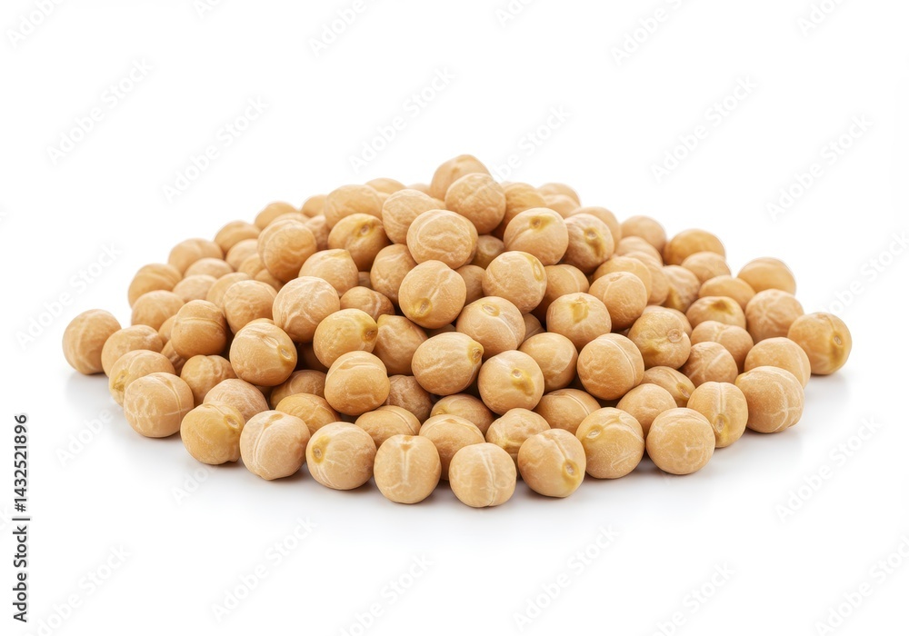 Pile of uncooked chickpeas on a white surface, showcasing their natural color and texture in a simple composition Pile of uncooked chickpeas on a white surface, showcasing their natural color and texture in a simple composition