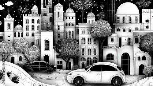 Urban landscape art city streets black and white illustration artistic environment aerial view design concept