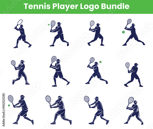 Diverse Male Tennis Player Silhouettes Hitting Ball with Racket on White Background