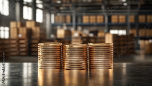 Stacks of gold coins in a warehouse