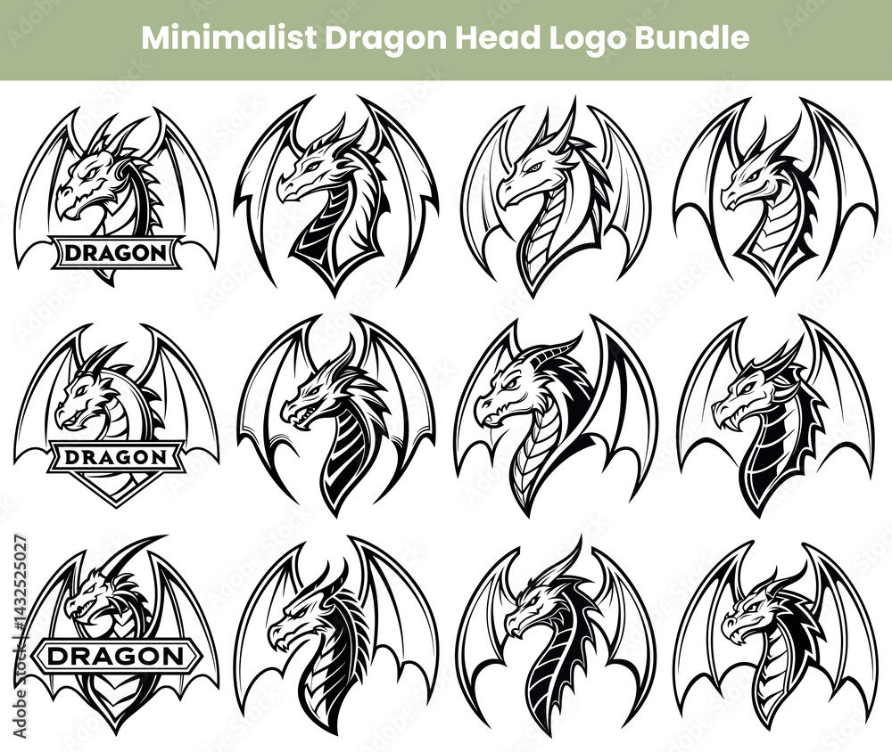 Fototapeta premium Dragon Heads With Wings Collection In Black and White Color On Transparent BG