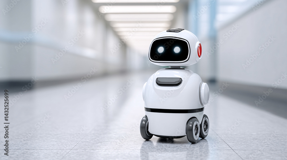 small, friendly robot with sleek design and bright eyes stands in modern hallway, showcasing advanced technology and innovation in healthcare. Its presence evokes curiosity and excitement small, friendly robot with sleek design and bright eyes stands in modern hallway, showcasing advanced technology and innovation in healthcare. Its presence evokes curiosity and excitement