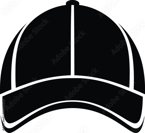 A blank black and white vector illustration of a baseball cap, an icon for sport headwear fashion