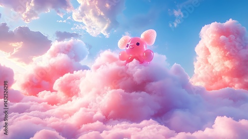 Pink Jelly Bear Soaring in Dreamy Pastel Cloudscape