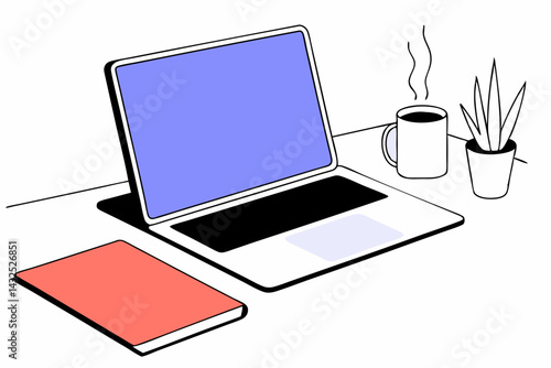 Minimal Office Desk Setup Vector, Isometric Workspace Illustration, Modern Desk with Laptop and Accessories