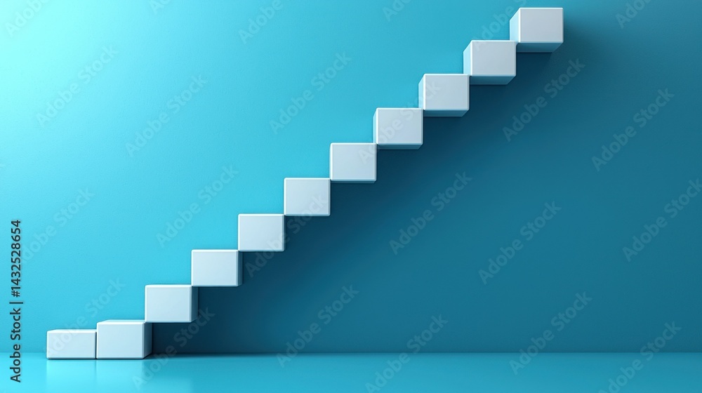 Abstract Staircase to Success: White Cubes Ascending a Teal Background, Representing Growth and Progress Abstract Staircase to Success: White Cubes Ascending a Teal Background, Representing Growth and Progress