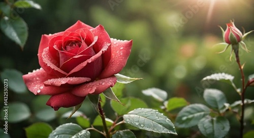 Dew-Kissed Crimson Rose with Bud in Sunlit Garden