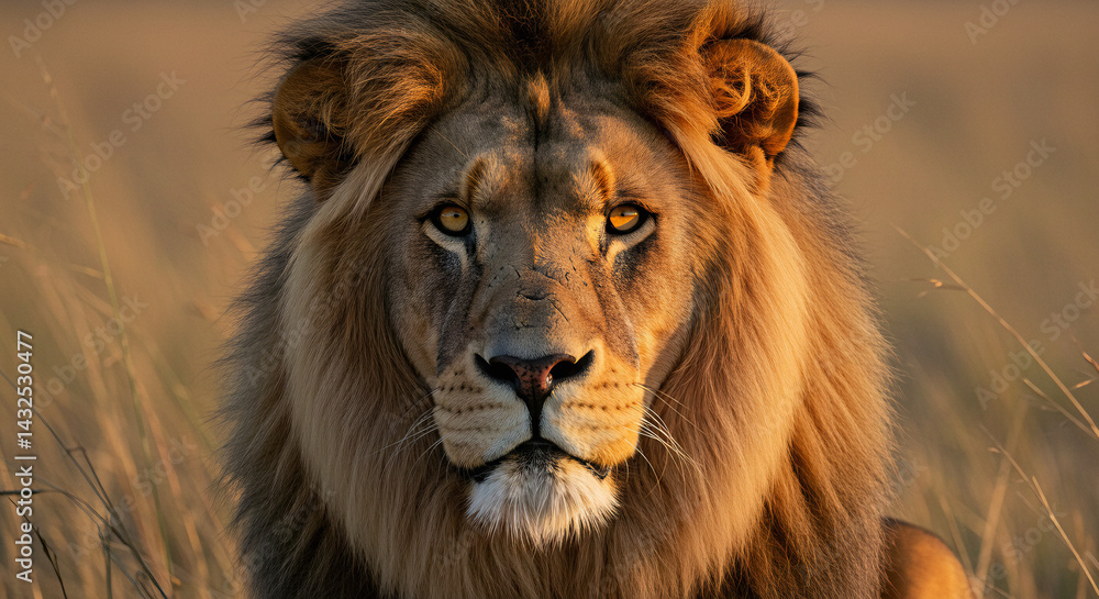 Naklejka premium Close-Up of a Majestic Male Lion Staring Intently in the African Savanna at Sunset