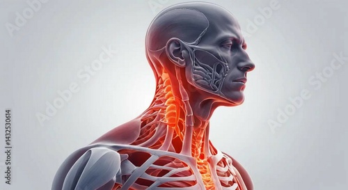 Anatomical Rendering: Male Neck and Upper Spine, Muscle and Bone Detail, Red Highlight
