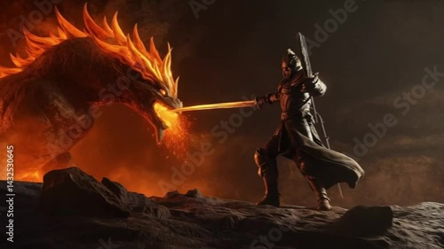 A man is holding a sword and standing in front of a dragon