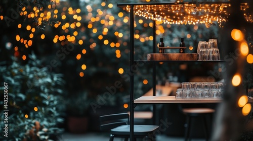 Outdoor bar setting with sparkling fairy lights glasses and dark bottles arranged on shelves creating a festive and intimate event atmosphere