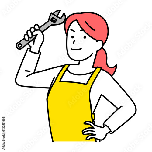 モンキーレンチを構えるエプロン姿の女性