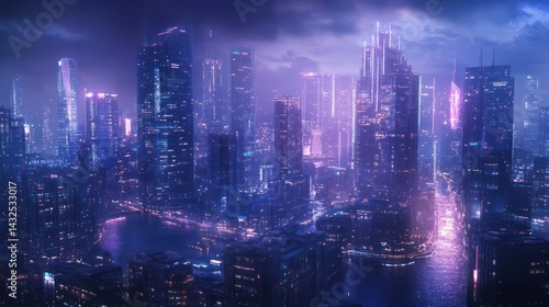 Futuristic cityscape illuminated with vibrant blue and purple lights at night