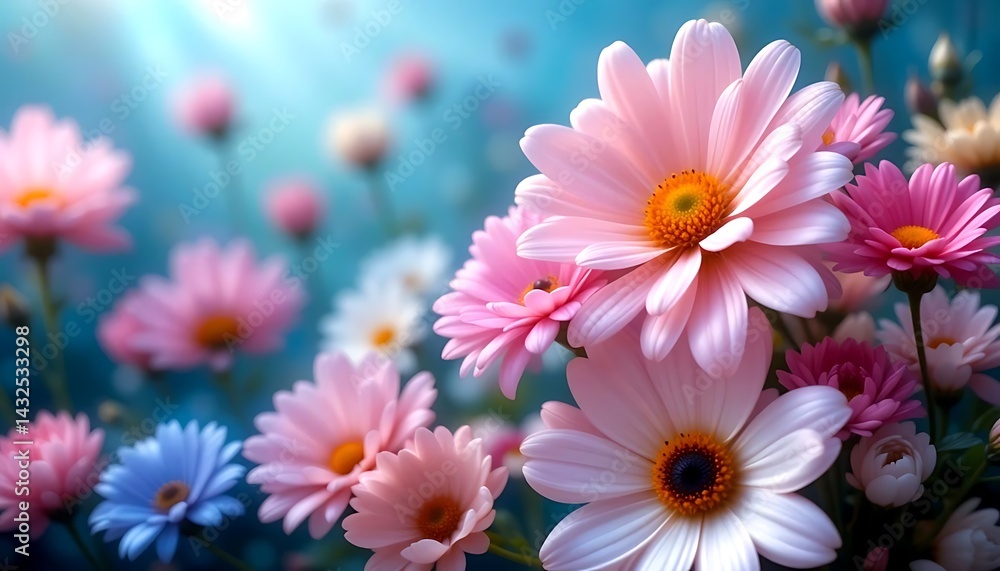 Close-up view of a stunning bouquet of pastel pink and light blue daisies, showcasing intricate details of petals and centers, bathed in soft, ethereal light. Close-up view of a stunning bouquet of pastel pink and light blue daisies, showcasing intricate details of petals and centers, bathed in soft, ethereal light.
