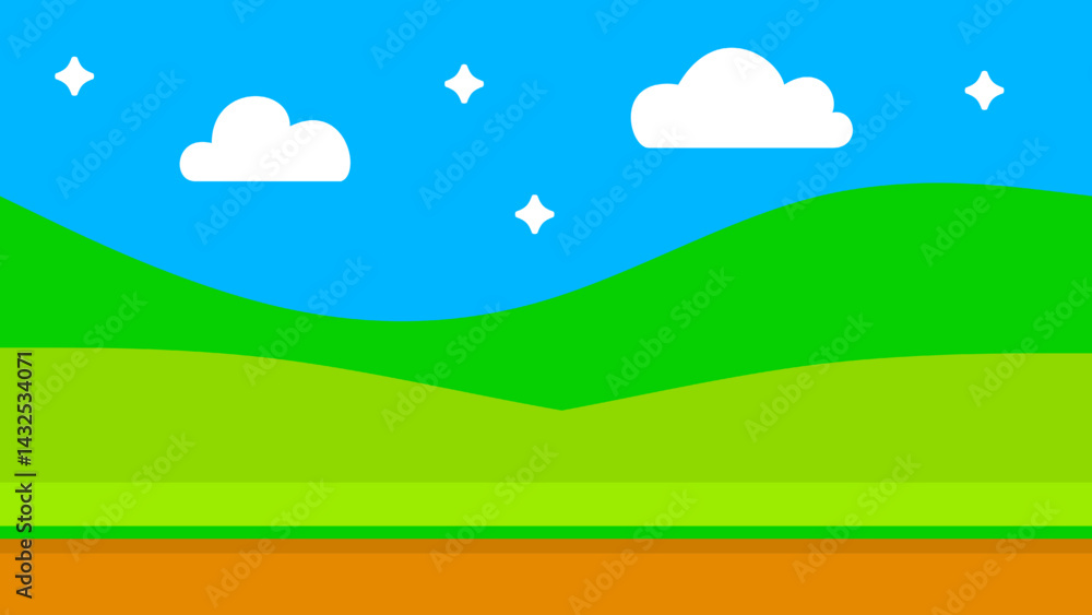 Fototapeta premium Minimalist Cartoon Landscape with Hills and Clouds. Simple cartoon-style landscape with green hills, white clouds, and blue sky. Perfect for children, games, or cheerful designs.