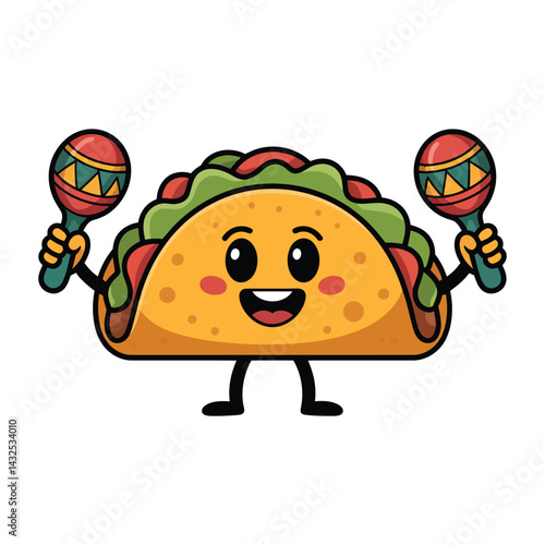 Cartoon chef taco character holding maracas,  in a fun kids illustration with playful elements