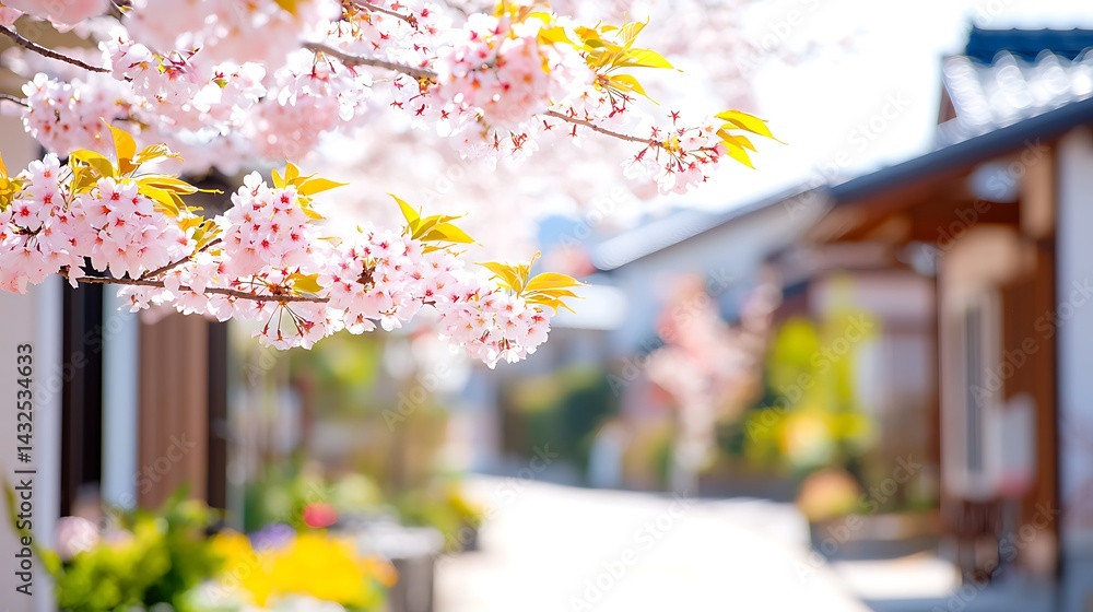 Fototapeta premium Pink Cherry Blossoms on Branches in a Japanese Village