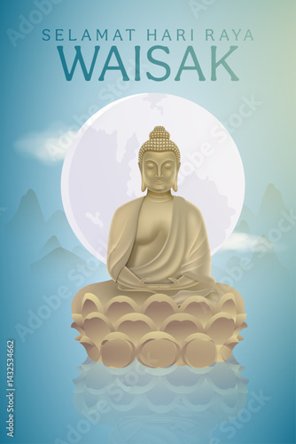 Vesak Day Creative Concept for Card or Banner. Vesak Day is a holy day for Buddhists. Happy Buddha Day with Siddhartha Gautama Statue Design Vector Illustration