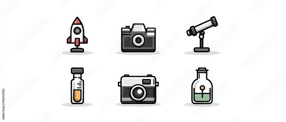 Fototapeta premium Science Icons Rocket Camera Telescope Lab Equipment Illustrations