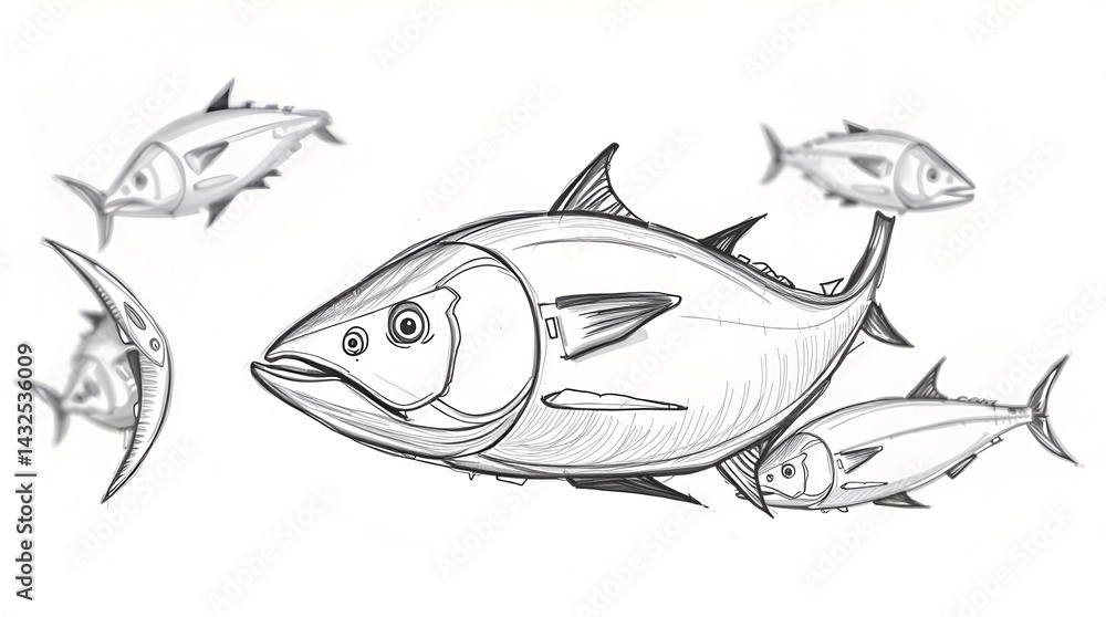 Obraz premium Silhouetted against a warm terracotta and cool teal backdrop, tuna and other fish swim in the sea for World Tuna Day, Dawan, May 2. The backlighting creates an earthy and cool contrast Egypt, Red Sea,