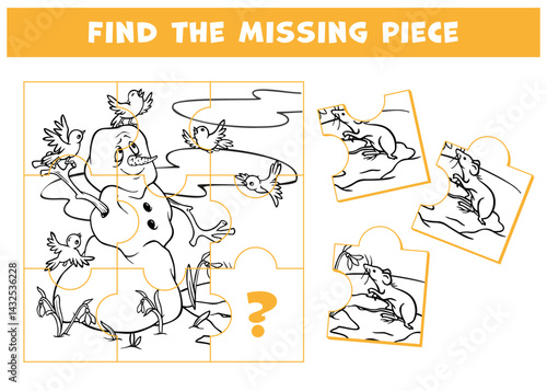Find the missing puzzle piece. Educational game for kid with melting snowman, spring primroses and flying around birds. Choose correct element. Finish the picture. Attention task for school readiness