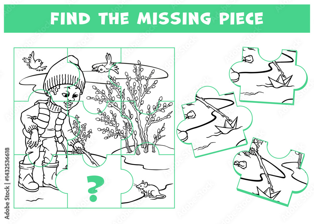 Obraz premium Logic game for children and adults with boy launching paper boat in stream. Page for kids brain teaser book. Task for attentiveness. Developing spatial thinking. Outline vector spring scenery
