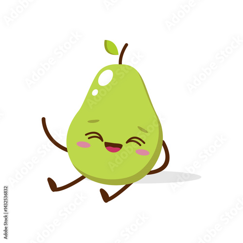 Cute Smiling Green Avocado Character Waving – Kawaii Green Fruit Mascot Vector	
