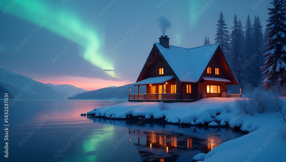 Fototapeta premium Snow covered House beside a River in the Mountains 