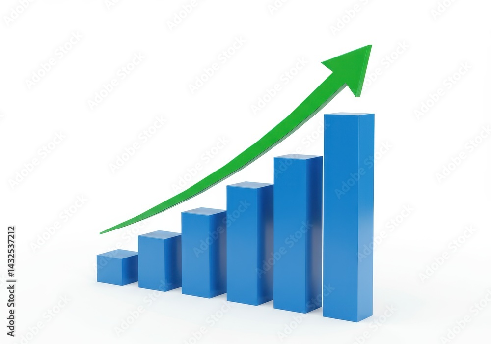 A visual representation of a rising bar graph with a green arrow indicating upward growth trend A visual representation of a rising bar graph with a green arrow indicating upward growth trend