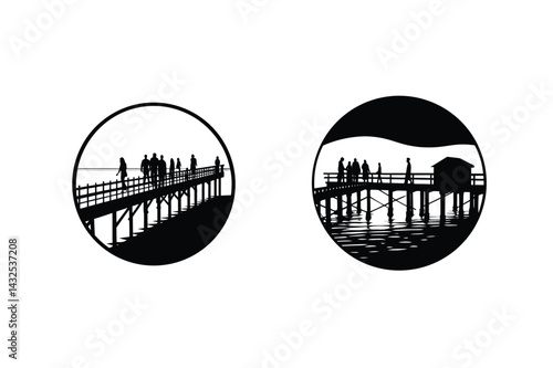 Silhouette Images Of People Walking On Pier Circular Graphic Designs Pack