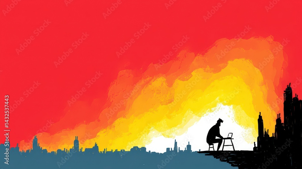 Fototapeta premium Sunset Cityscape Person Working on Laptop Digital Painting Silhouette Illustration