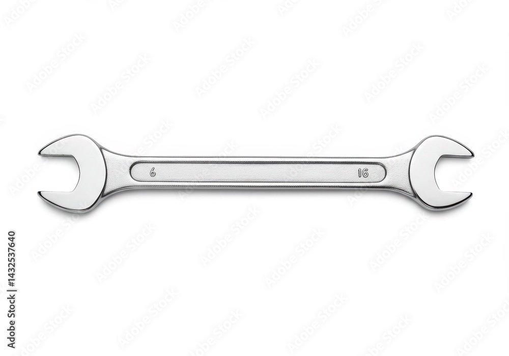 A shiny metal wrench with open ends and numbers six and sixteen lying on a white background A shiny metal wrench with open ends and numbers six and sixteen lying on a white background