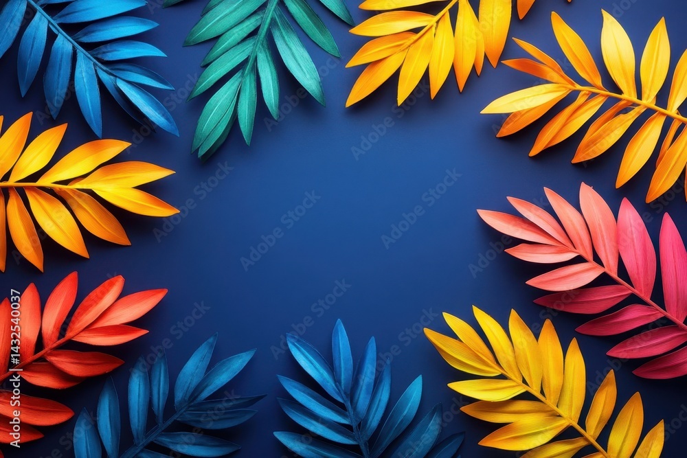 Vibrant tropical leaves in a colorful frame. A variety of vibrant, colorful tropical leaves create a border on a deep blue background. Vibrant tropical leaves in a colorful frame. A variety of vibrant, colorful tropical leaves create a border on a deep blue background.