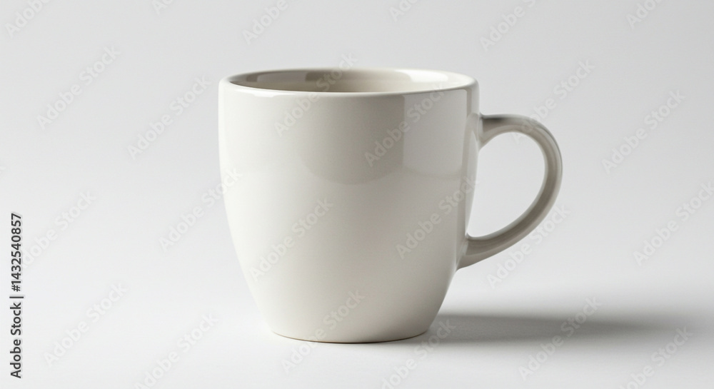 A simple white ceramic mug with a handle sitting on a white surface in a studio setting light A simple white ceramic mug with a handle sitting on a white surface in a studio setting light