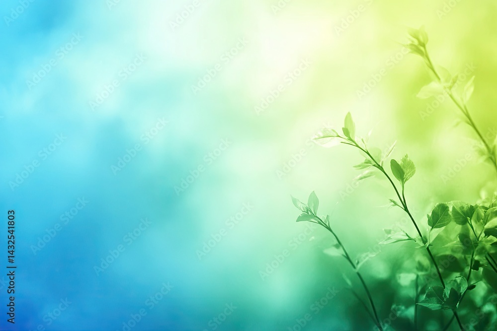 Obraz premium Abstract Spring Branch with Green Leaves on Gradient Blue & Green Background
