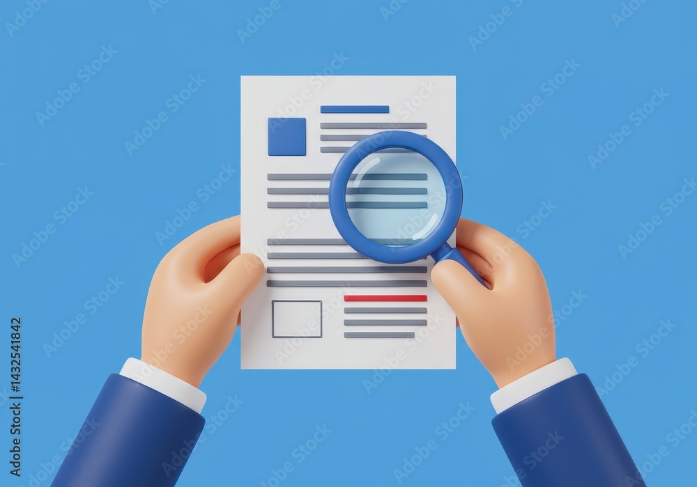 Cartoon hands holding a document with a magnifying glass on a blue background illustration Cartoon hands holding a document with a magnifying glass on a blue background illustration