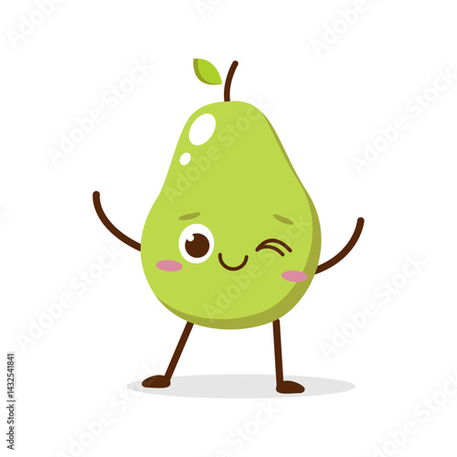 Cute Smiling Green Avocado Character Waving – Kawaii Green Fruit Mascot Vector	
