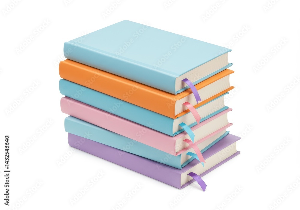 A stack of pastel colored books with ribbons on a white background creating a colorful aesthetic A stack of pastel colored books with ribbons on a white background creating a colorful aesthetic