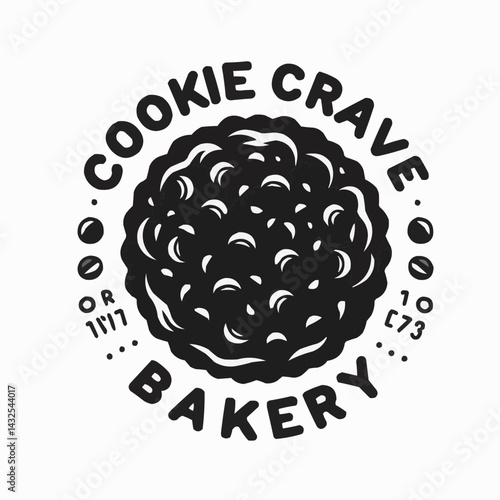 Cookie Crave Bakery Logo: A classic, monochrome design of a fresh, inviting cookie as the centerpiece, embellished by an emblem design, communicating a delightful feeling