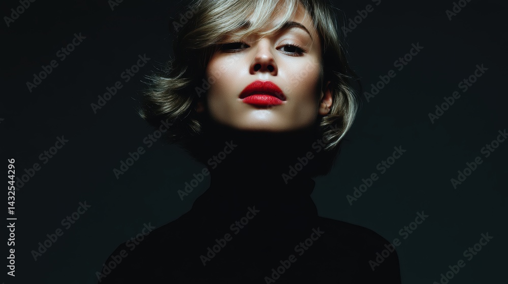 Fototapeta premium Cinematic portrait of a woman with dramatic lighting and shadow play, artistic look perfect for fashion, editorial, or emotional visuals, copyspace for text - sensual dreamy