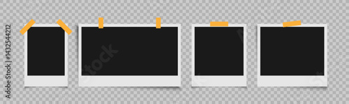 Realistic photo frame mockup set displayed. Includes postcard-style frames, perfect for showcasing images, prints, or artwork presentations. Vector template.