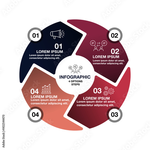 Circle chart infographic template with 4 options for presentations. Vector illustration Eps