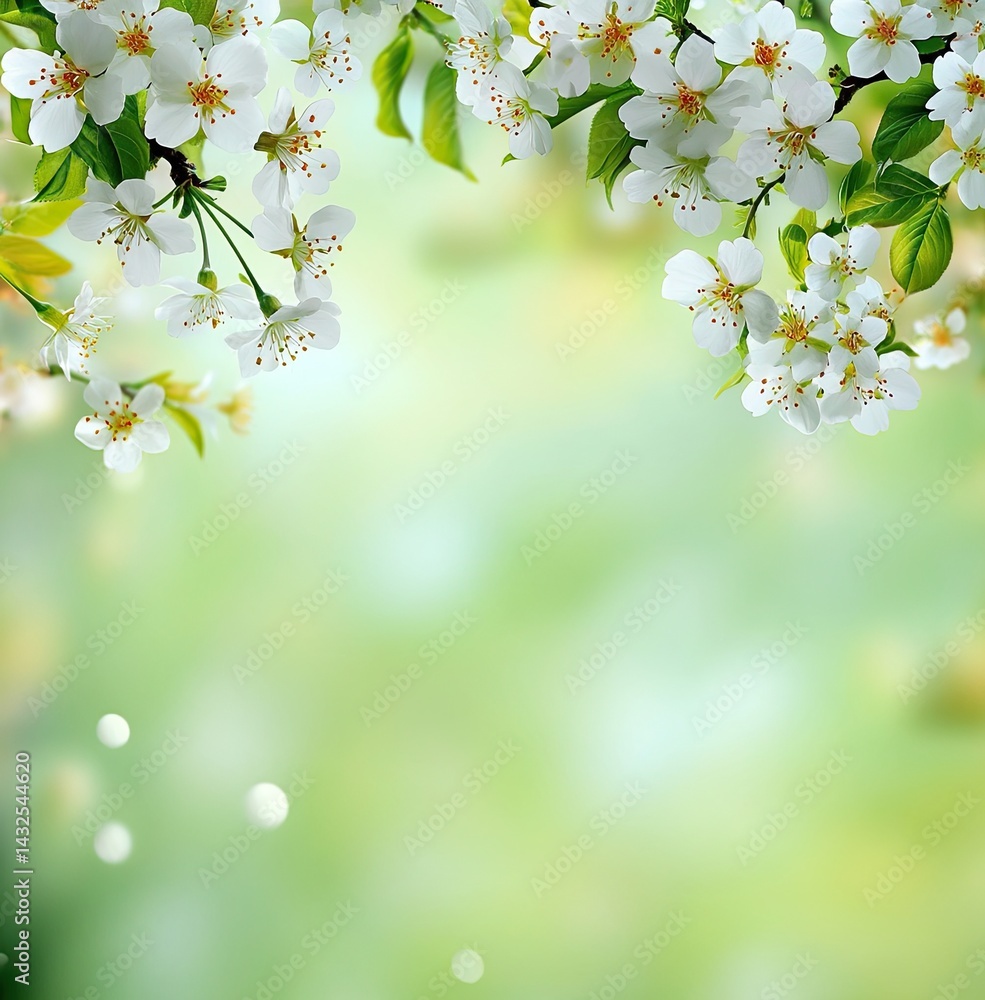 Obraz premium Floral Branch with Blossoms and Buds on Light Green Blurred Background Design