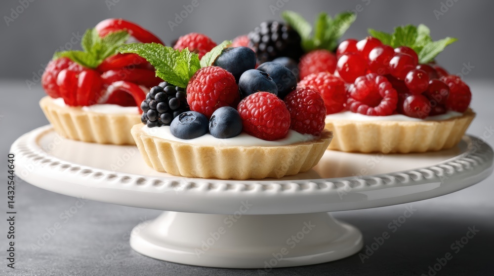 Mini tart shells filled with vanilla yogurt and topped with artistically arranged fresh berries and mint, placed on a ceramic cake stand for elegant display, copyspace for text Mini tart shells filled with vanilla yogurt and topped with artistically arranged fresh berries and mint, placed on a ceramic cake stand for elegant display, copyspace for text