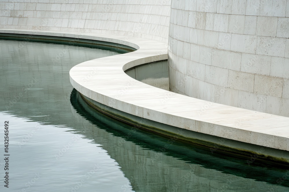 Fototapeta premium Curved walkway around a tranquil pool of water, featuring modern architecture.