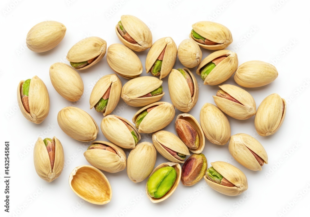 A scattering of pistachios with open shells revealing the green nuts on a white background surface A scattering of pistachios with open shells revealing the green nuts on a white background surface