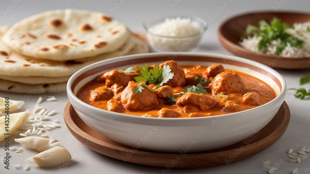 A fragrant bowl of Indian butter chicken with naan and basmati rice, commercial food photography on a white background A fragrant bowl of Indian butter chicken with naan and basmati rice, commercial food photography on a white background