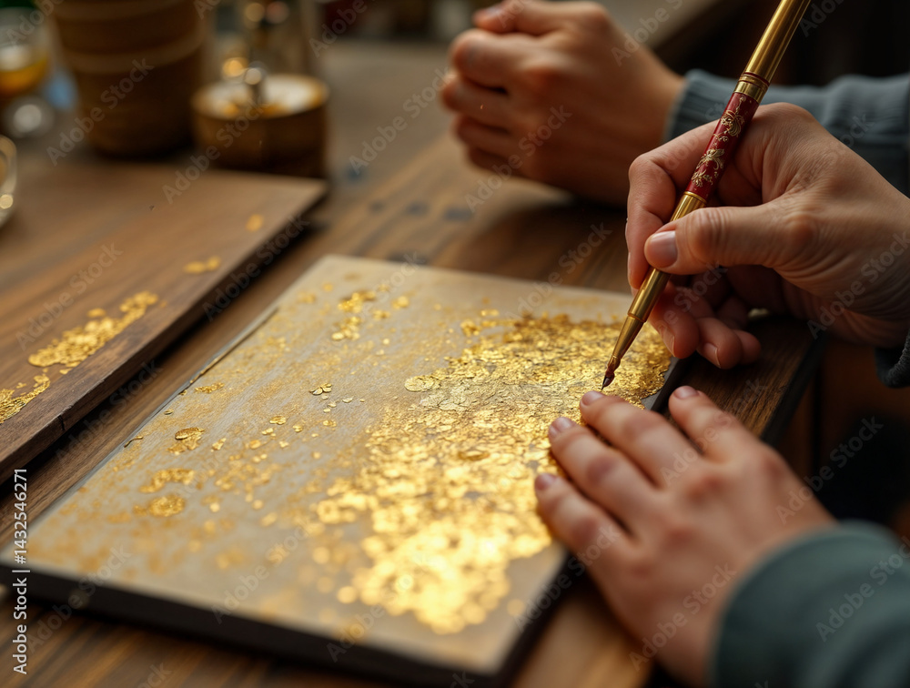 In the image, a person is using a gold pen to write on a wooden surface with a gold leaf