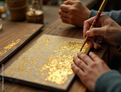 Obraz na płótnie In the image, a person is using a gold pen to write on a wooden surface with a gold leaf w salonie