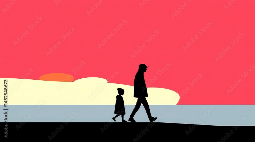 Obraz premium Silhouette of Father and Child Walking on Beach at Sunset